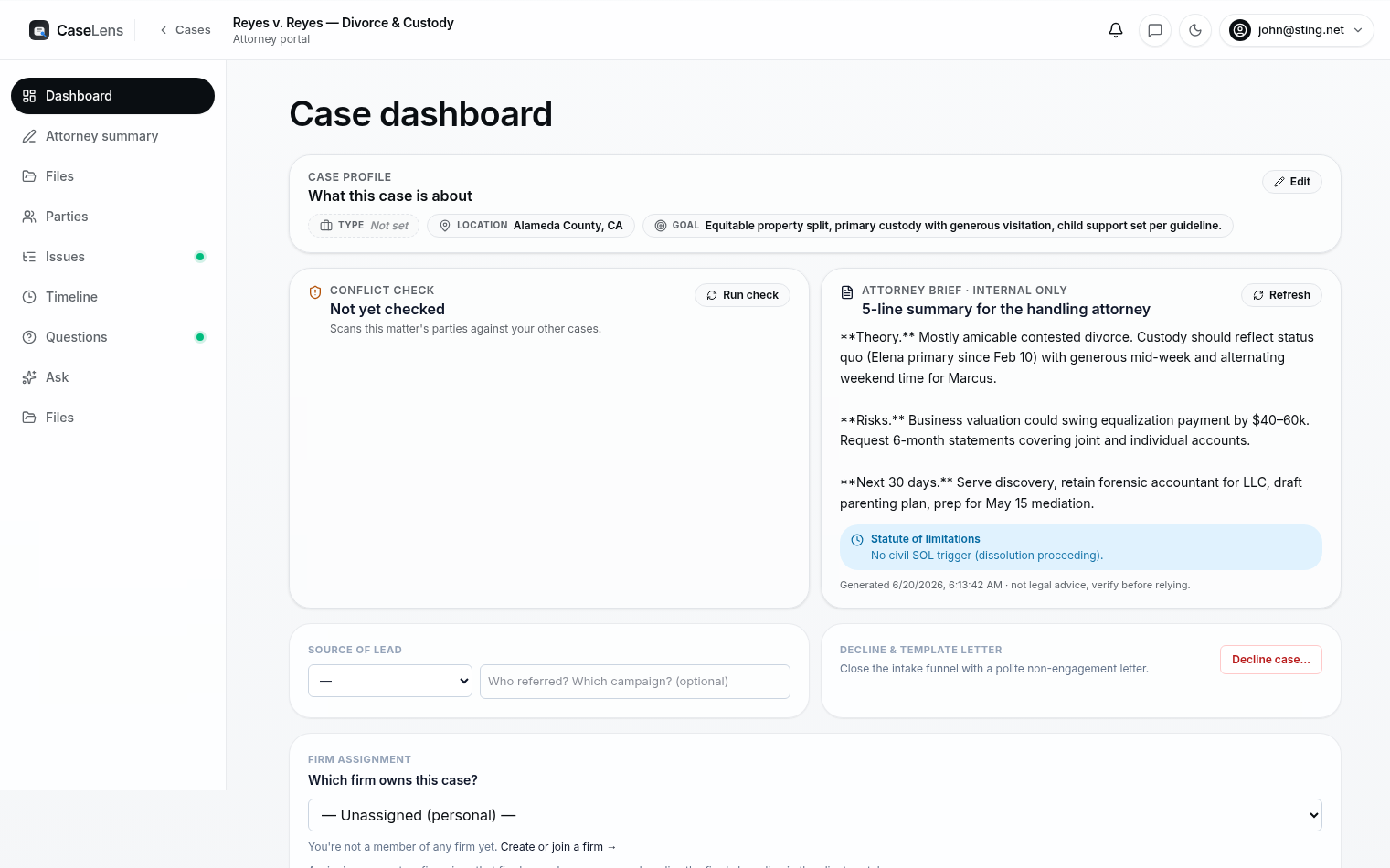 CaseLens attorney case dashboard