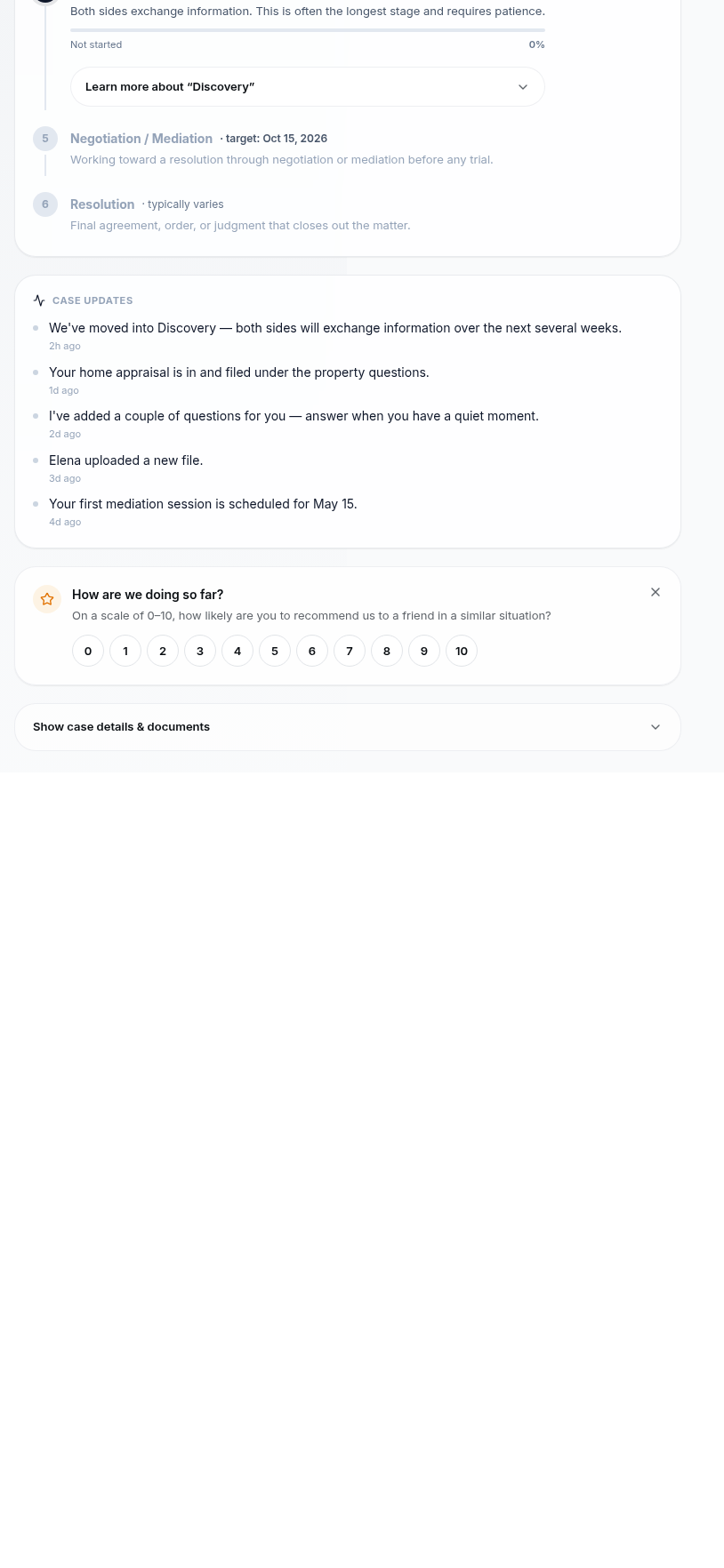 CaseLens client portal showing the case updates feed