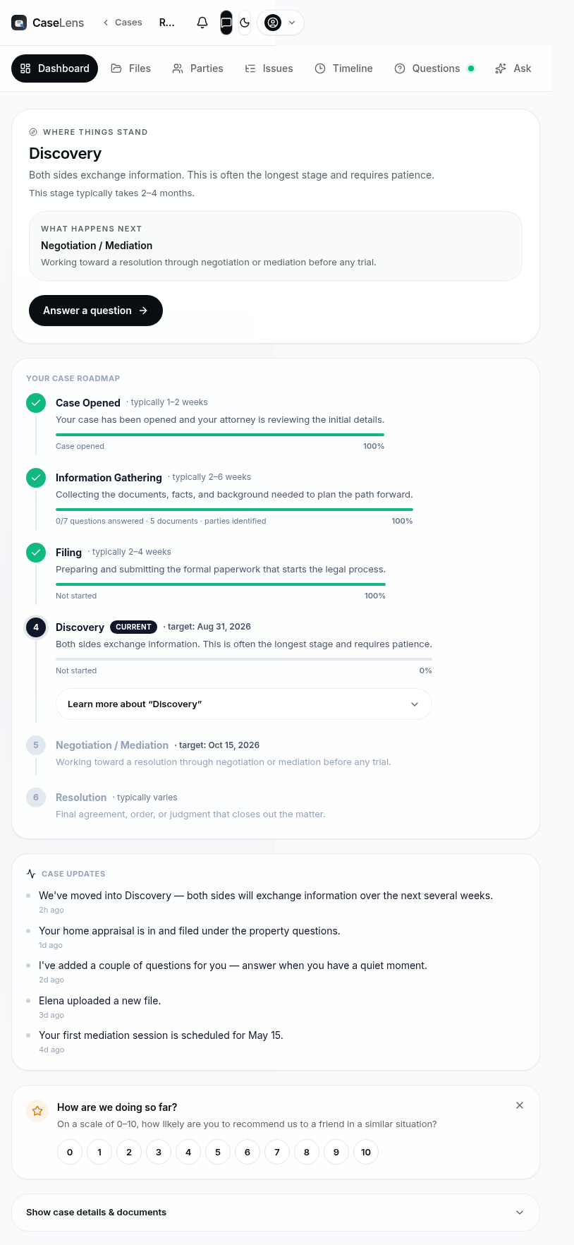 CaseLens client portal showing the case roadmap